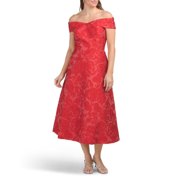 TERI JON Red Multi Floral Jacquard Off The Shoulder Tea-length Gown - Picture 1 of 2